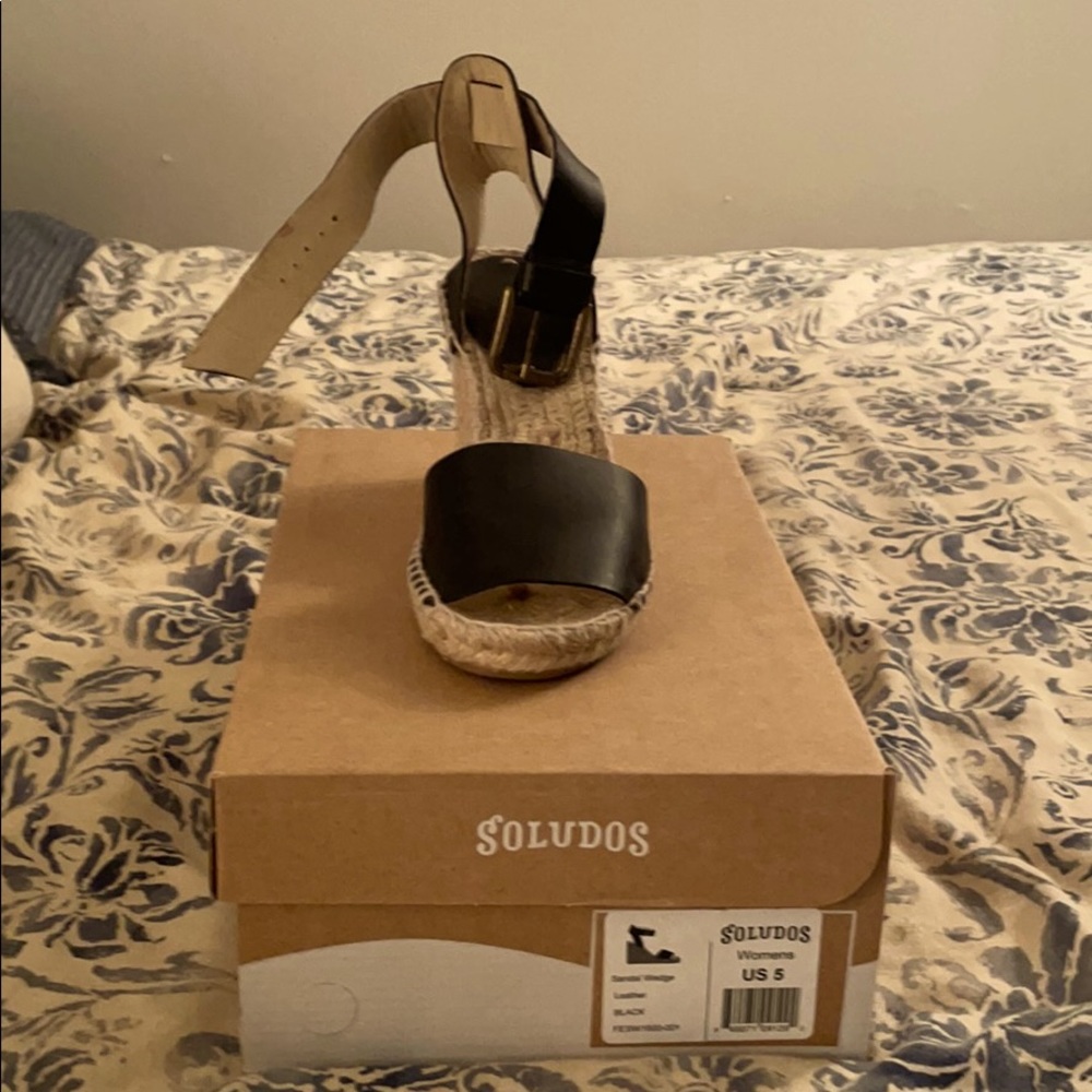 Soludos Black Leather Wedge Espadrille